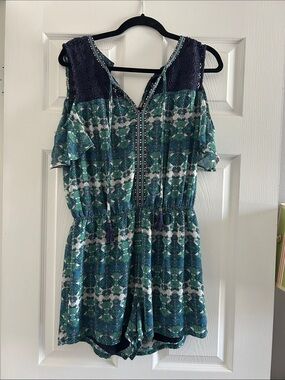 Cold-Shoulder Printed Women’s Romper in Teal and Navy